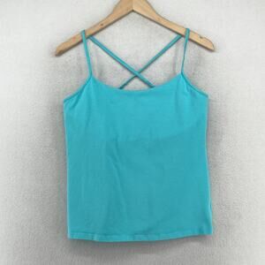 EILEEN FISHER Top M Stretch Organic Cotton Cross Back Tank Shelf Bra Blue USA
